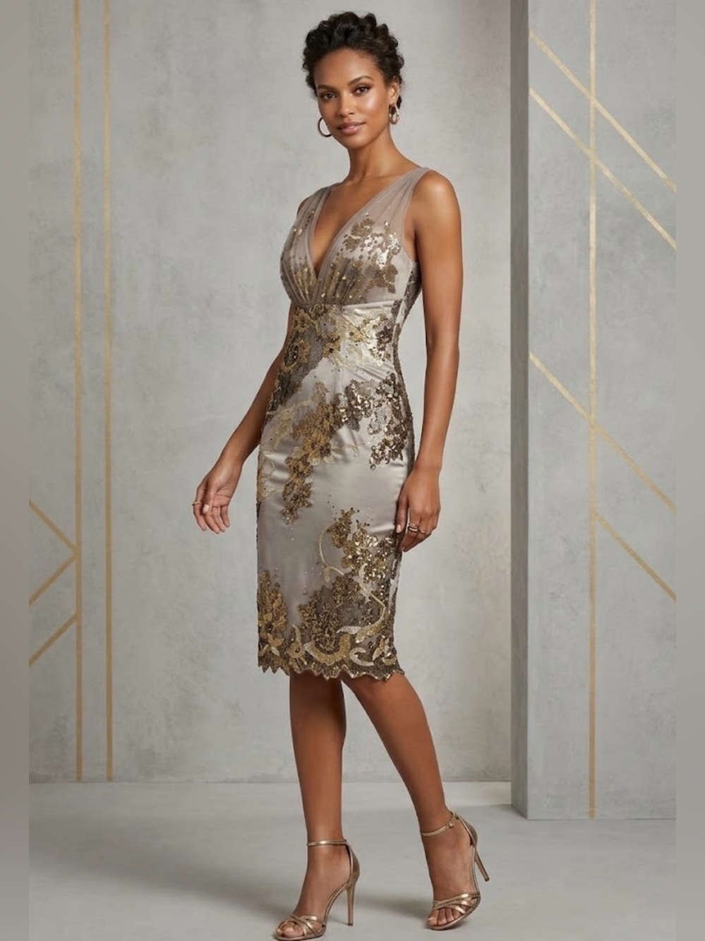 V-Neck Sleeveless Midi Dress in Taupe with Gold Embroidery